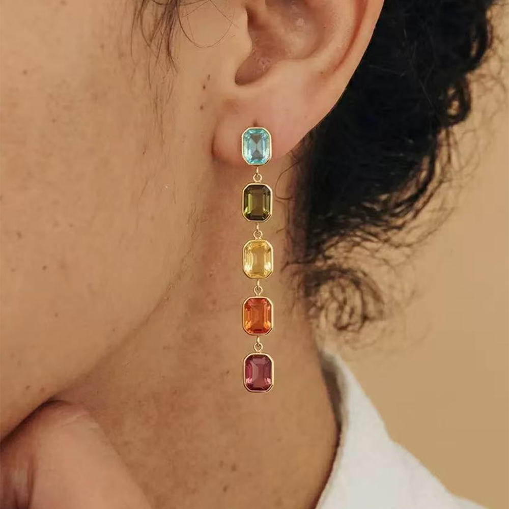 Rectangle Stainless Steel Waterproof Gold Color Zircon Women's Dangle Earrings Picture3