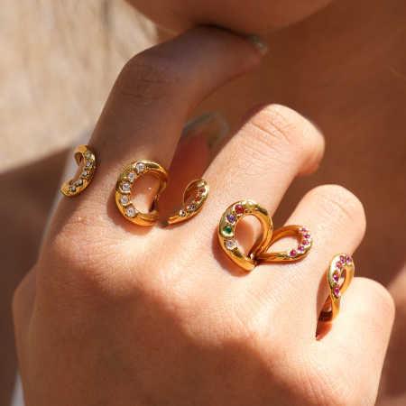 Irregular Shape Stainless Steel Waterproof Gold Color Rhinestone Statement Rings 2