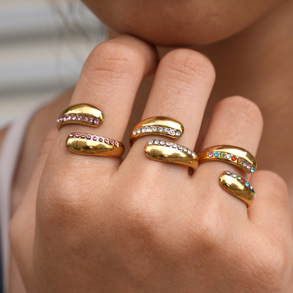 Simple Series Daily Irregular Shape Stainless Steel Waterproof   Gold Color  Rhinestone Statement Rings Picture2