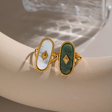 Ellipse Shape Stainless Steel Waterproof Natural Stone Gold Color Rings 2