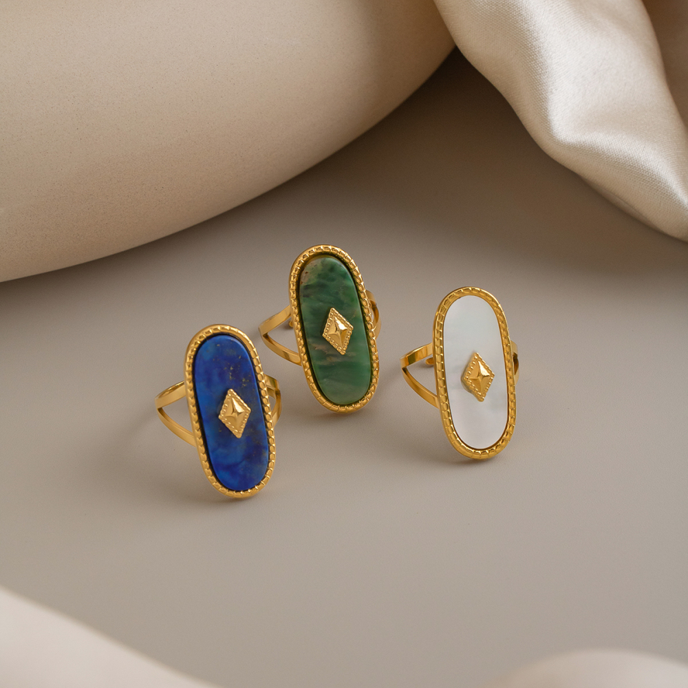 Ellipse Shape Stainless Steel Waterproof Natural Stone Gold Color Rings Picture5