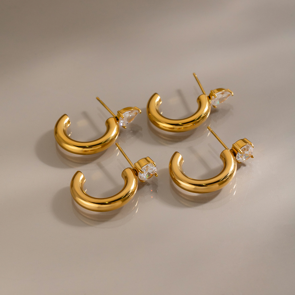 C-Shape Stainless Steel Waterproof Gold Color Zircon Women's Stud Earrings Picture3