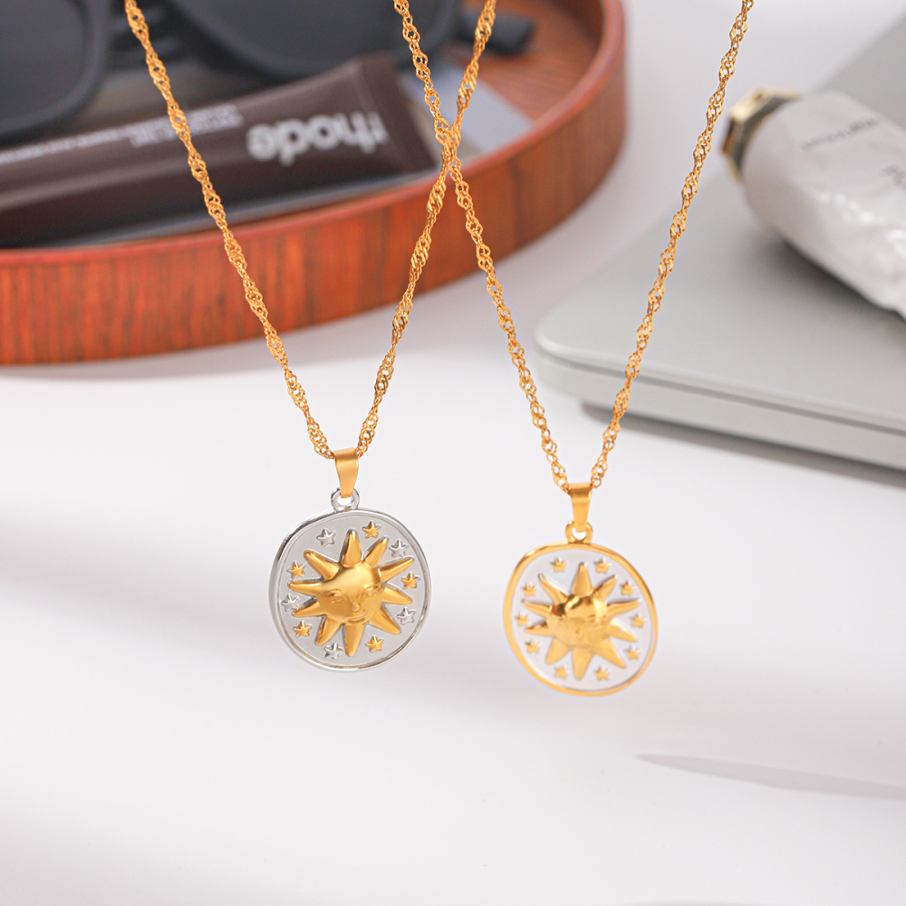 Simple Series Daily Sun Circle Stainless Steel Waterproof Gold Color Women's Pendant Necklaces h5Picture5