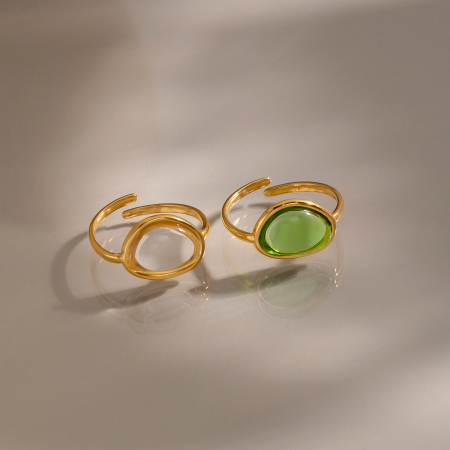 Ellipse Shape Stainless Steel Waterproof Gold Color Gemstone Rings 2