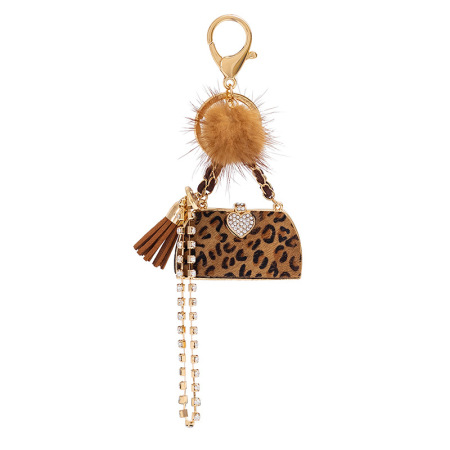 Simple Series Retro Heart Leopard Print Tassel Chain Alloy Rhinestone Keychain