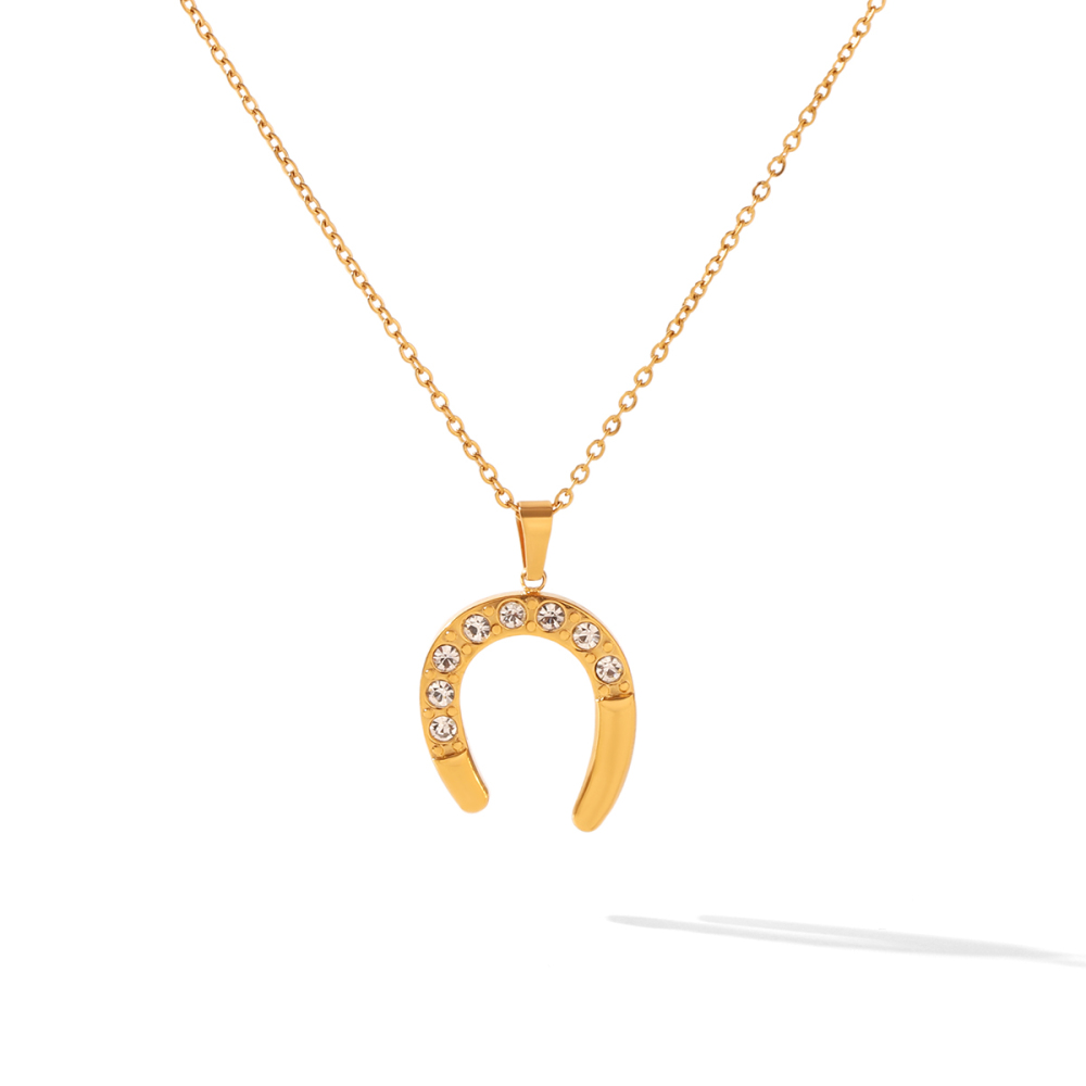 Simple Series Daily Horseshoe-Shaped Stainless Steel Waterproof Gold Color Zircon Women's Pendant Necklaces
