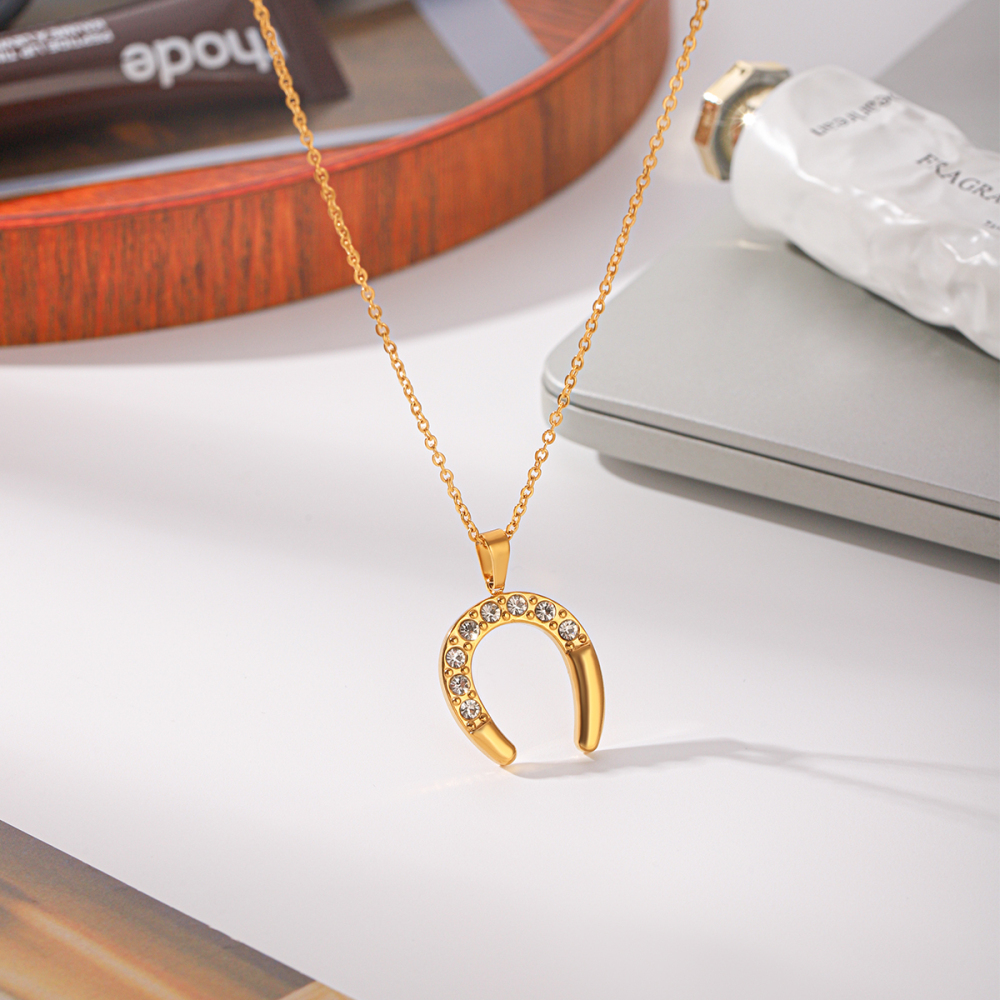 Simple Series Daily Horseshoe-Shaped Stainless Steel Waterproof Gold Color Zircon Women's Pendant Necklaces h5Picture7