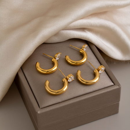 C-Shape Stainless Steel Waterproof Gold Color Zircon Women's Stud Earrings 2