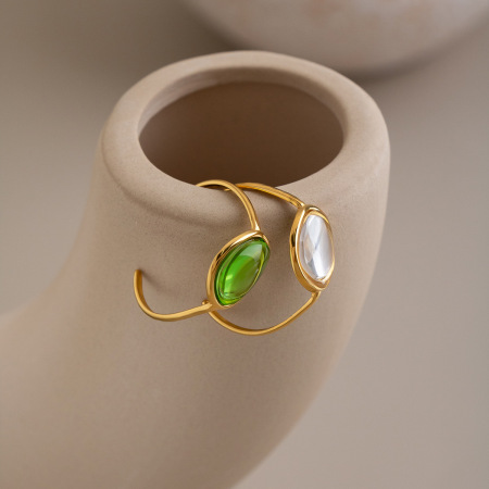 Ellipse Shape Stainless Steel Waterproof Gold Color Gemstone Rings