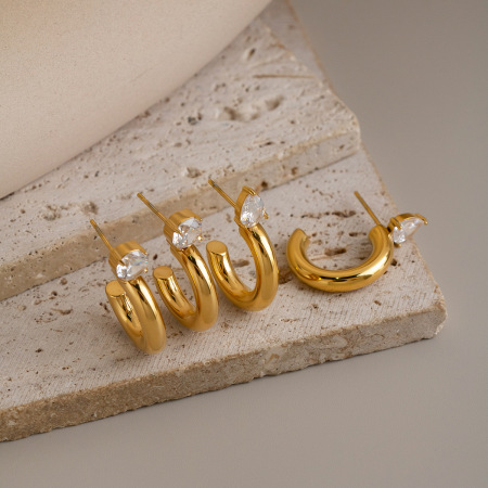 C-Shape Stainless Steel Waterproof Gold Color Zircon Women's Stud Earrings