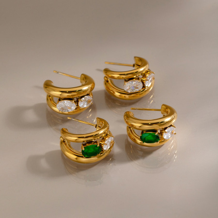 C-Shape Stainless Steel Waterproof Gold Color Zircon Women's Stud Earrings