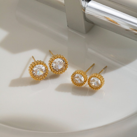 Stainless Steel Waterproof Gold Color Zircon Women's Stud Earrings