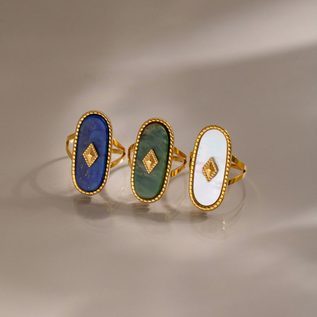 Ellipse Shape Stainless Steel Waterproof Natural Stone Gold Color Rings