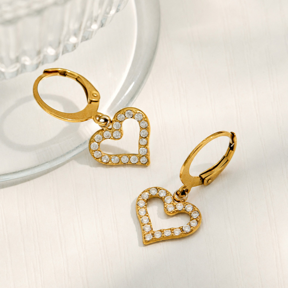 Simple Heart Stainless Steel Waterproof Gold Color Zircon Women's Drop Earrings Picture4