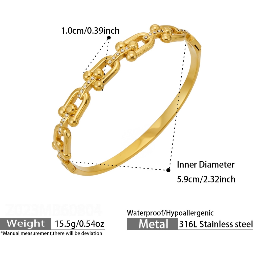 Heart Stainless Steel Waterproof Gold Color Zircon Women's Bangles 