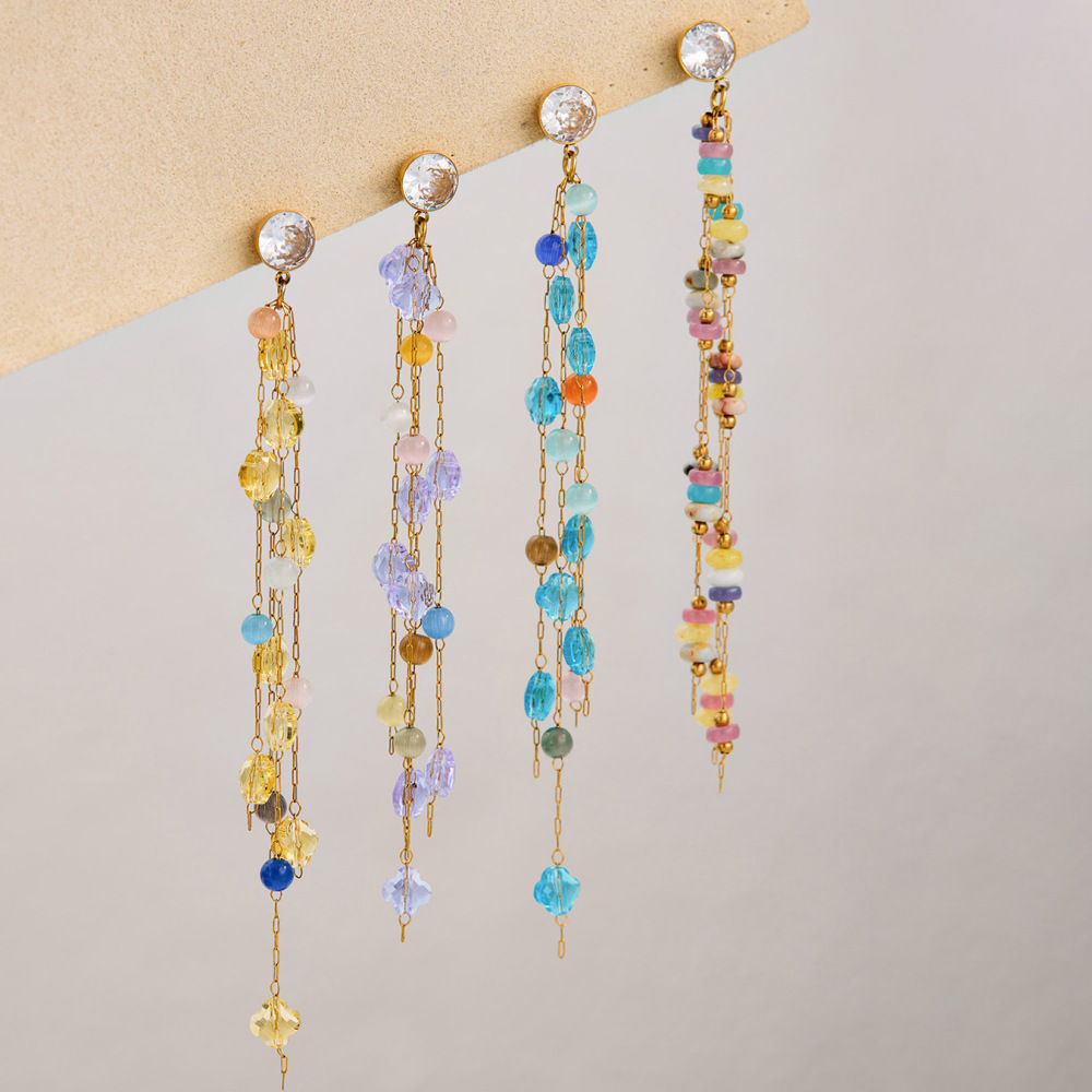 Romantic Series Elegant Tassel Crystal Beads Stainless Steel Waterproof Zircon Women's Dangle Earrings Picture2