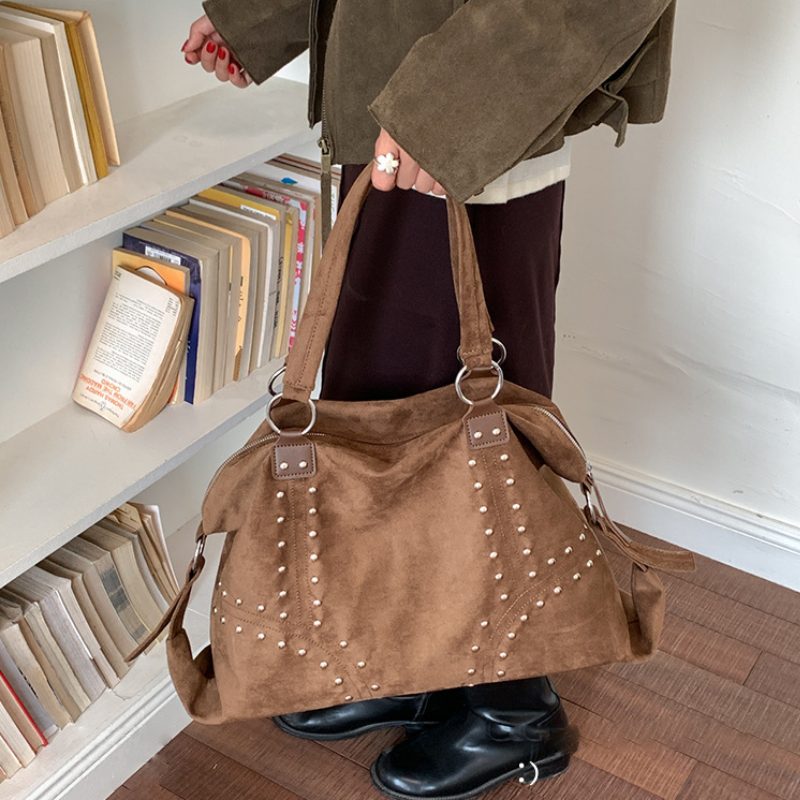 Casual Style Metal Hardware Studded Solid Color Rivet Suede Women's Square Shoulder Bags Picture7