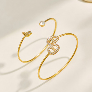 Geometric Shape Stainless Steel Waterproof Gold Color Zircon Women's Cuff Bracelets h5 Picture3