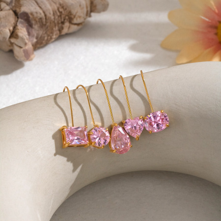 Heart Geometric Shape Stainless Steel Waterproof Gold Color Zircon Women's Drop Earrings
