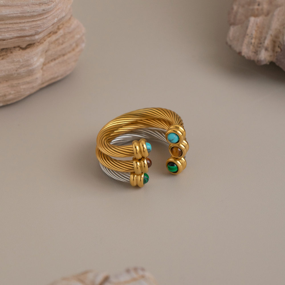 Stainless Steel Waterproof Gold Color Natural Stone Rings Picture3