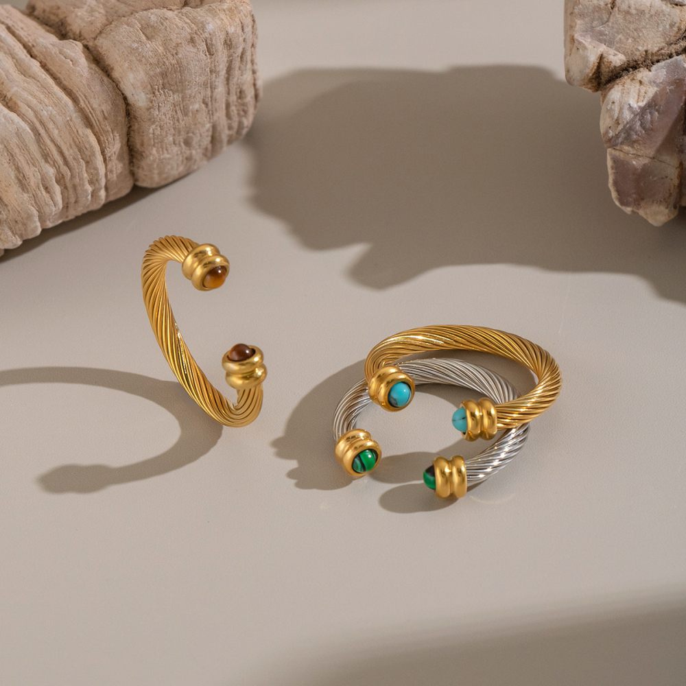 Stainless Steel Waterproof Gold Color Natural Stone Rings Picture2
