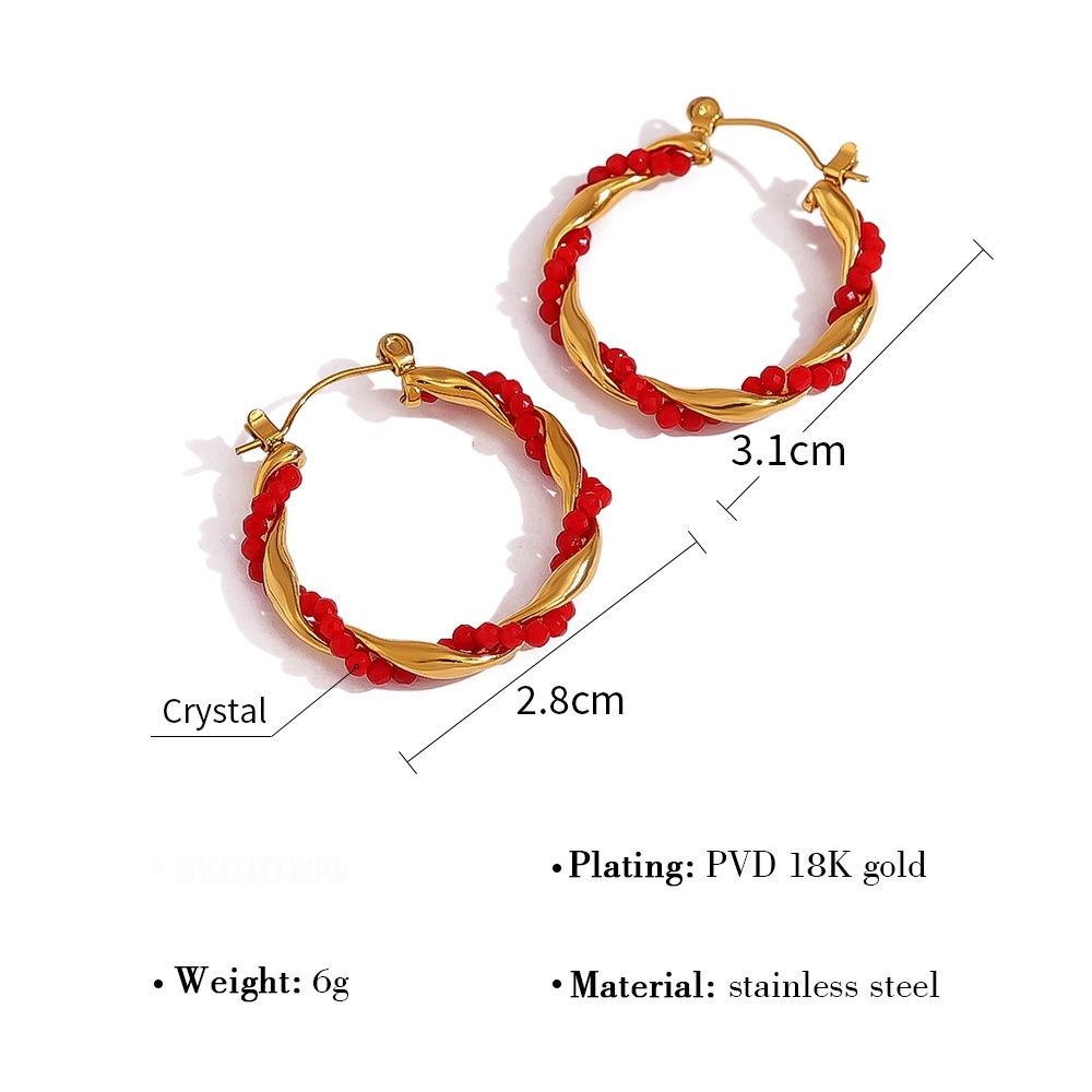Stainless Steel Waterproof Gold Color Crystal Women's Hoop Earrings