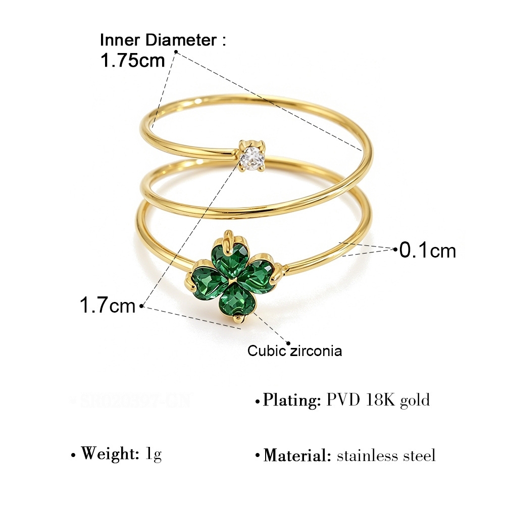 Clover Stainless Steel Waterproof Gold Color Zircon Women's Gemstone Rings 