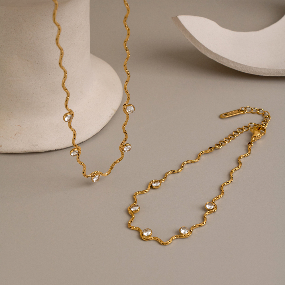 Wave Shape Stainless Steel Waterproof Gold Color Zircon Women's Necklaces Sets Picture3