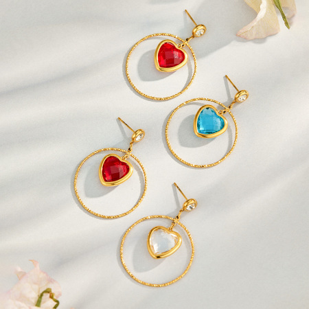 Romantische Serie: Süße Glasherz-Ohrhänger Aus Edelstahl, Wasserdicht, Goldfarben, Mit Zirkonia