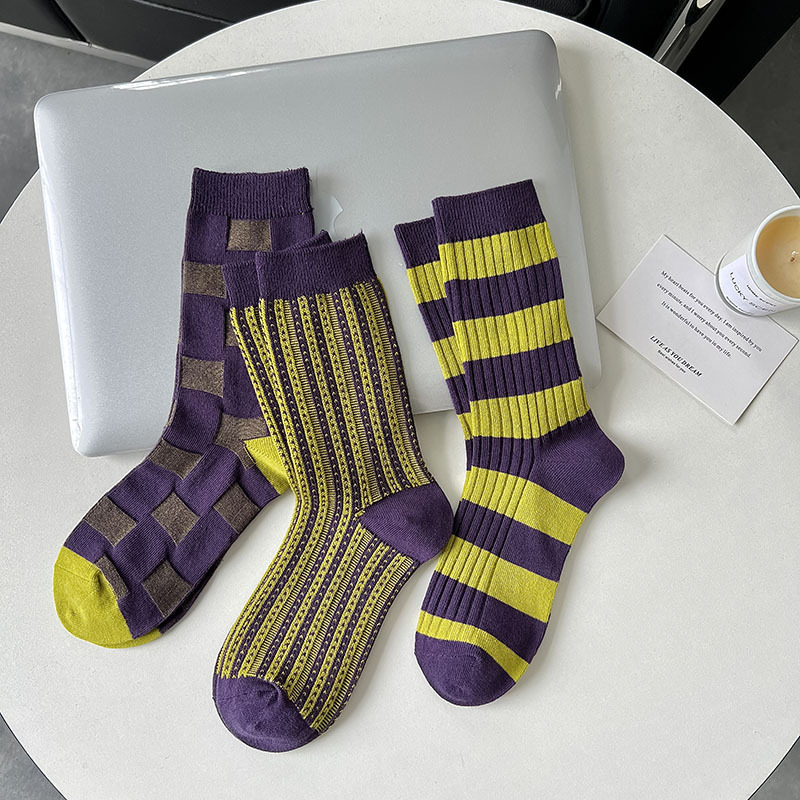 Women's Slight Bounce Casual Stripes Two-Tone Check Color Block Color Clash Mid-Calf Socks h5Picture2