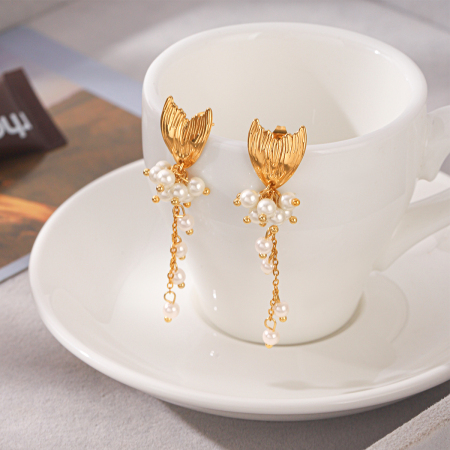 Simple Series Daily Tassel Fish Stainless Steel Waterproof   Gold Color  Artificial Pearl Women's Stud Earrings 2