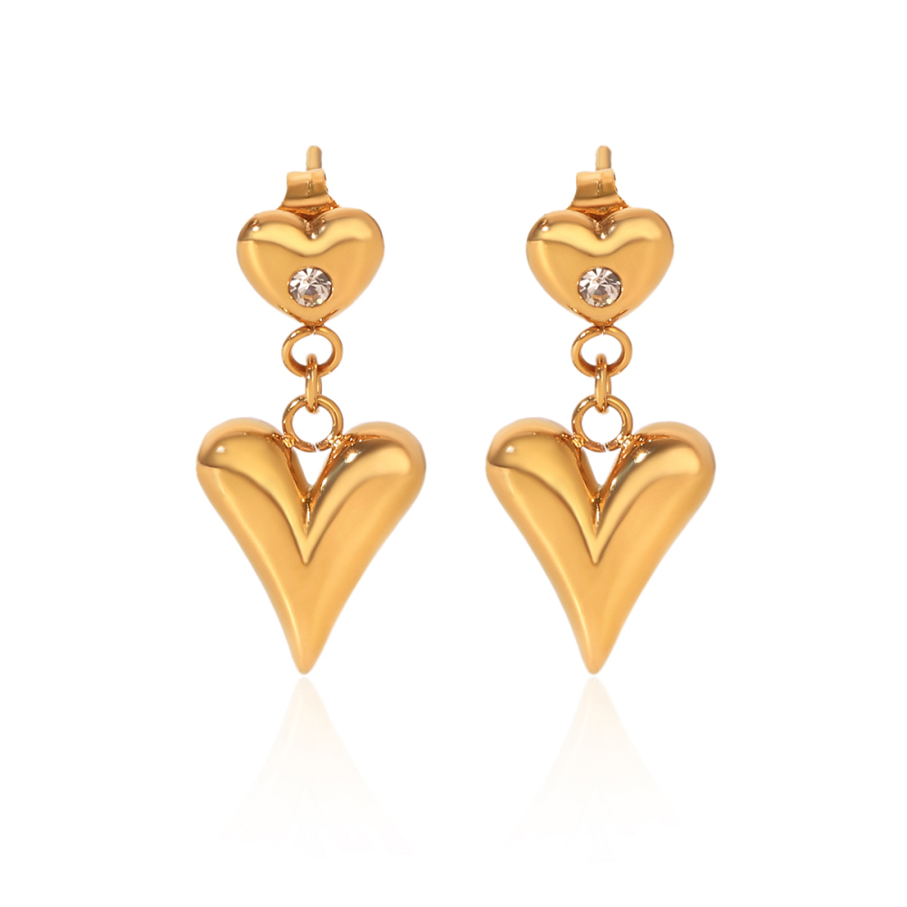 Simple Series Daily Heart Stainless Steel Waterproof   Gold Color  Zircon Women's Stud Earrings 