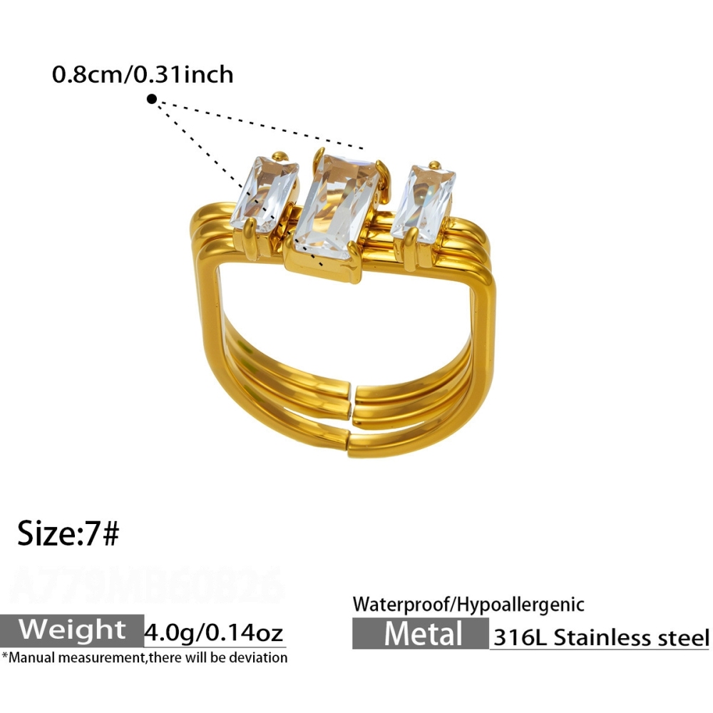 Luxurious Series Rectangle Stainless Steel Waterproof  Gold Color Zircon Women's Gemstone Rings 