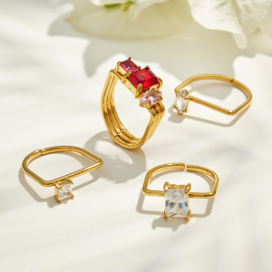 Luxurious Series Rectangle Stainless Steel Waterproof Gold Color Zircon Women's Gemstone Rings h5 Picture4