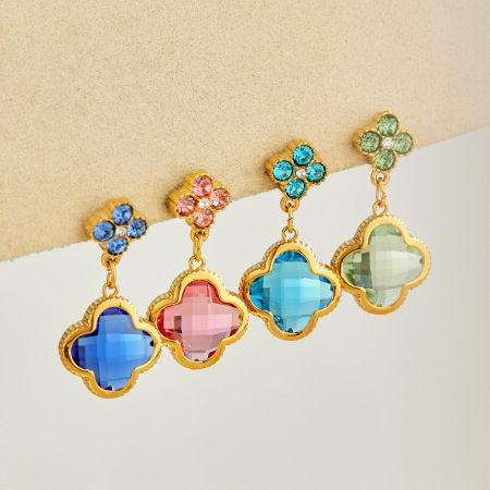 Luxuriöse Serie: Elegante Ohrhänger Aus Glasblumen, Edelstahl, Wasserdicht, Goldfarben, Mit Zirkonia