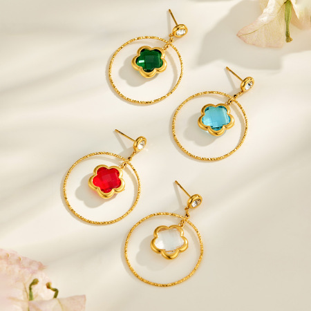 Luxuriöse Serie: Elegante Ohrhänger Aus Glasblumen, Edelstahl, Wasserdicht, Goldfarben, Mit Zirkonia