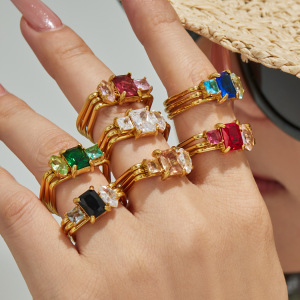 Luxurious Series Rectangle Stainless Steel Waterproof Gold Color Zircon Women's Gemstone Rings h5 Picture5