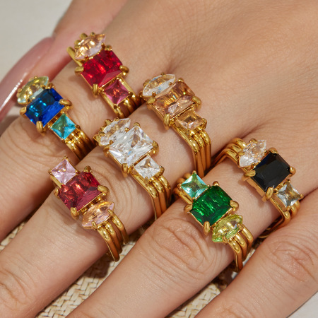 Luxurious Series Rectangle Stainless Steel Waterproof Gold Color Zircon Women's Gemstone Rings