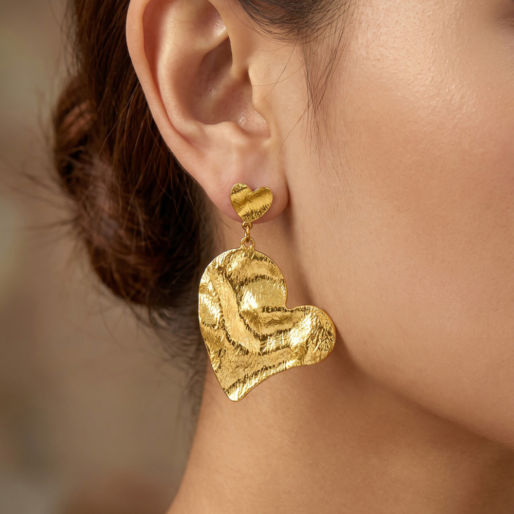 Heart Hammer Pattern Stainless Steel Waterproof Gold Color Women's Drop Earrings Picture4