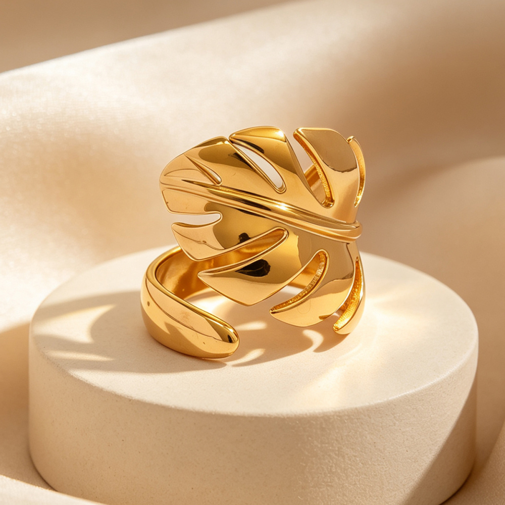 Simple Series Daily Leaf Stainless Steel Waterproof   Gold Color  Statement Rings Picture2