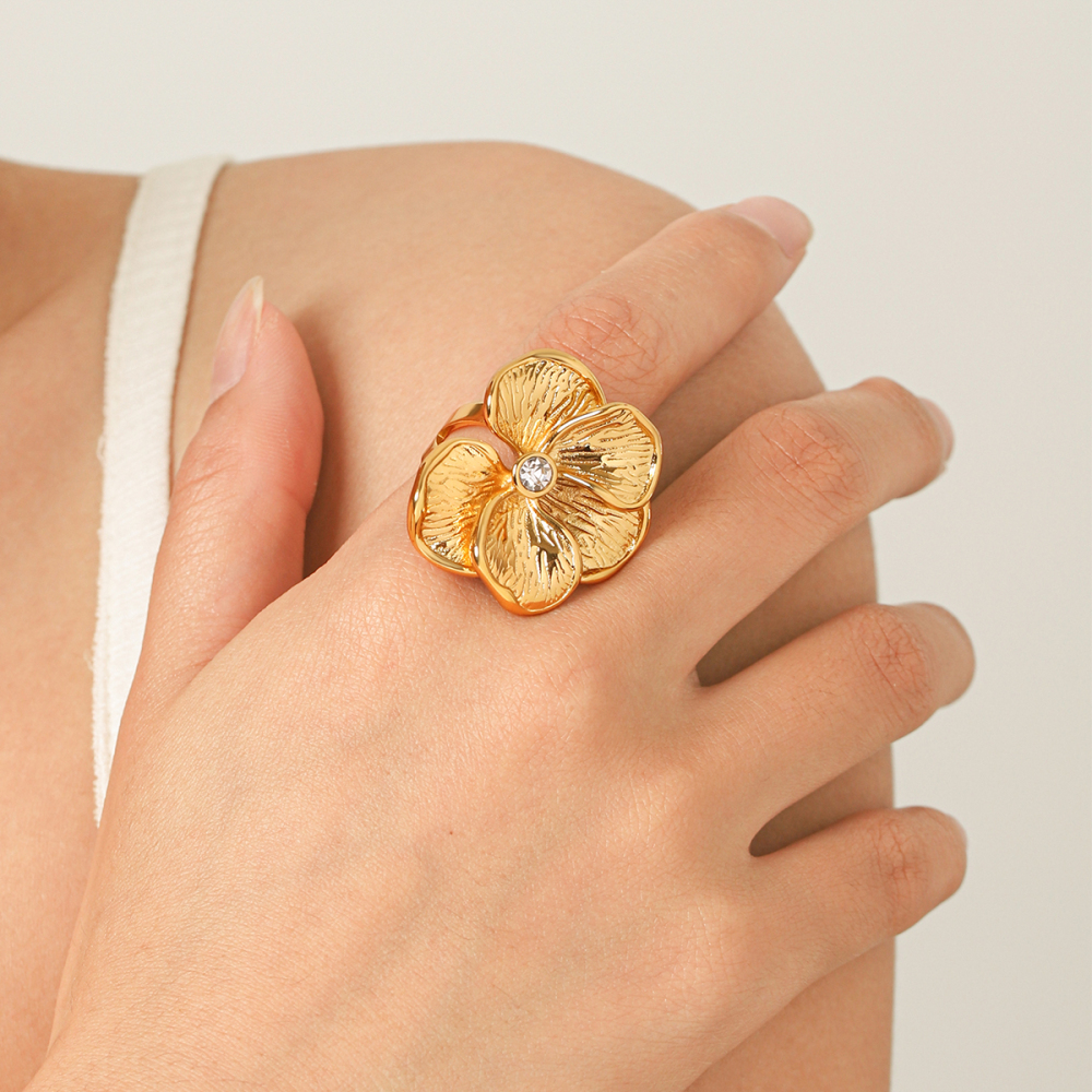 Flower Stainless Steel Waterproof Gold Color Zircon Statement Rings Picture4