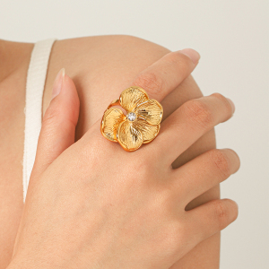 Flower Stainless Steel Waterproof Gold Color Zircon Statement Rings h5 Picture4