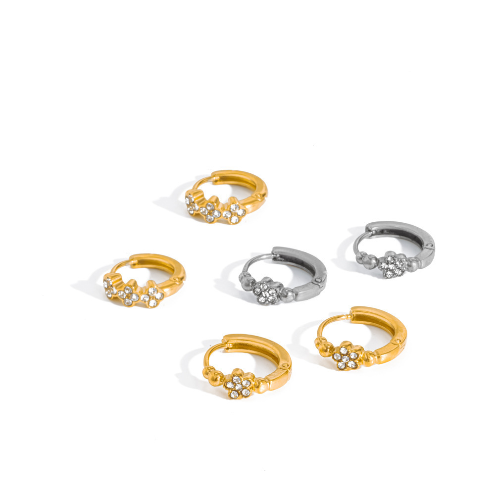 Clover Stainless Steel Waterproof Gold Color Rhinestone Women's Hoop Earrings Picture3
