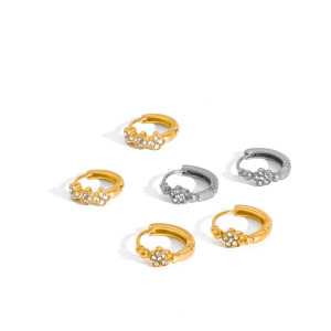 Clover Stainless Steel Waterproof Gold Color Rhinestone Women's Hoop Earrings h5 Picture3