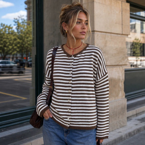 Fashion Color Block Striped Versatile Mock Neck Knit Cardigan h5 Picture4
