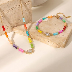 Simple Series Sweet Beads Rectangle Stainless Steel Waterproof Gold Color Women's Jewelry Sets h5 Picture2