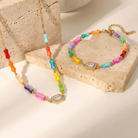 Schmucksets Für Damen Aus Der Simple Series Sweet Beads: Rechteckige, Wasserfeste Edelstahlperlen In Goldfarbe 2