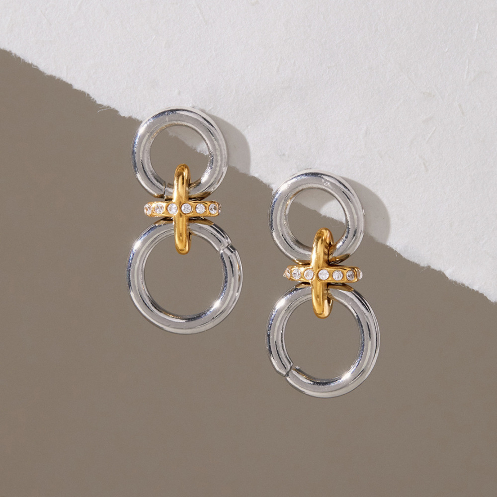 Simple Casual Circle Mixed Gold Color And Silver Colors Stainless Steel Waterproof Gold Color Women's Stud Earrings Picture2