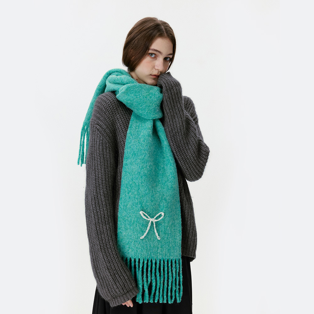 Simple Series Sweet Bow Knot Solid Color Tassel Wool Polyester Blend Winter Scarves h5Picture4
