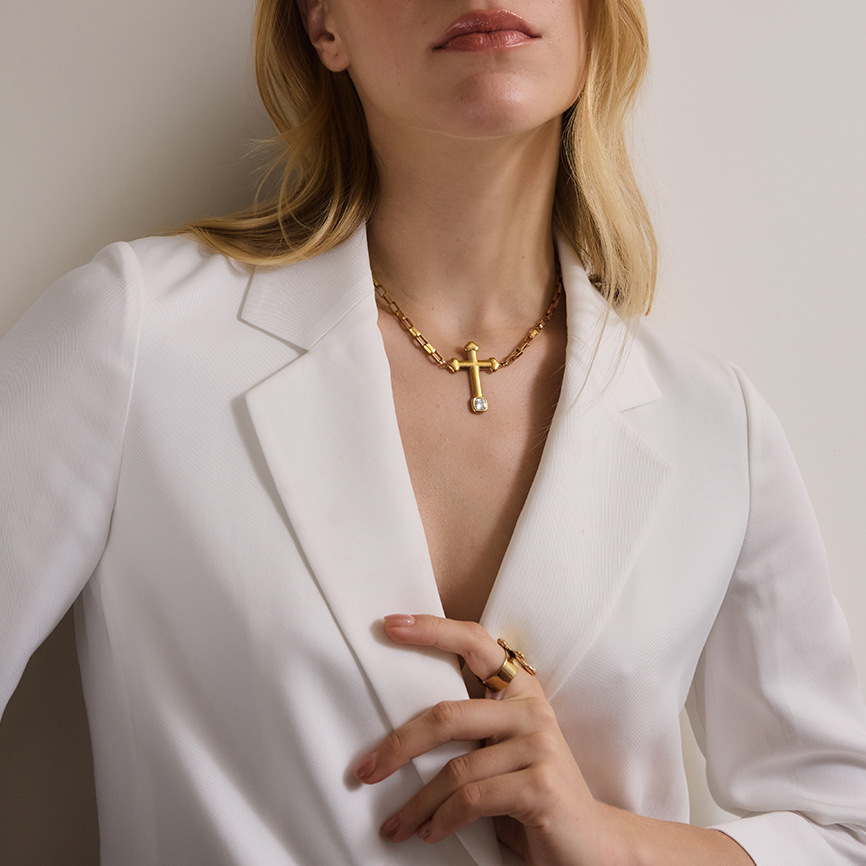 Simple Series Retro Cross Stainless Steel Waterproof   Gold Color  Zircon Women's Jewelry Sets Picture2
